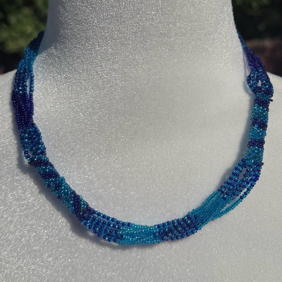 None Jewelry - Handmade by Artist Light and Dark Blue Intricate Beaded Necklace